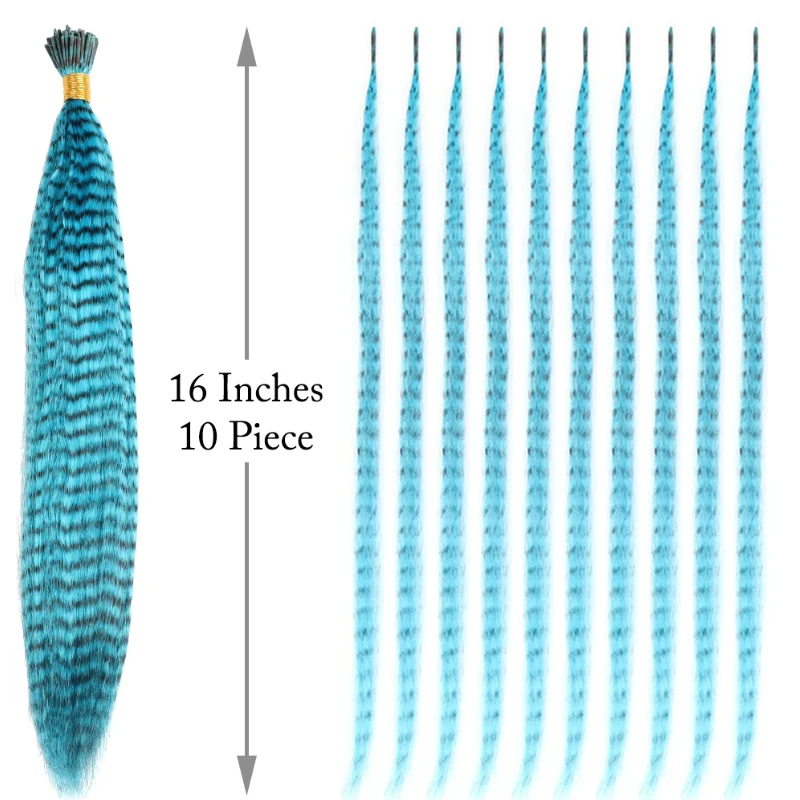 Extensiones de plumas sintéticas de colores, 16 pulgadas, paquete de 10, azul y púrpura, para mujer, línea de cebra 3