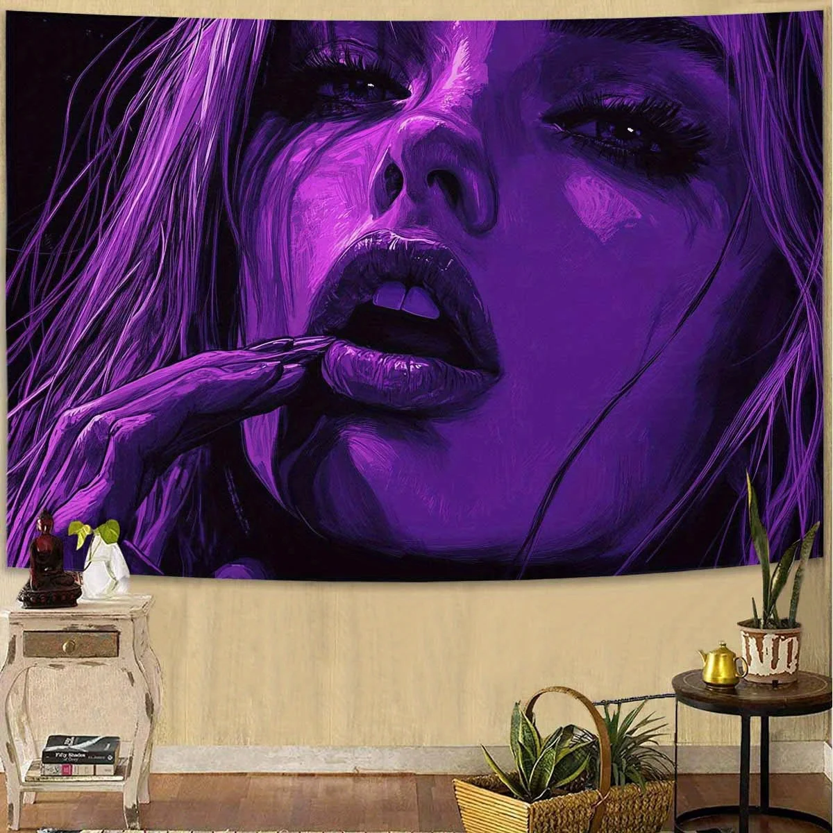 Vibrant Purple Portrait Tapestry, Bold Woman Smoking Wall Art for Bedroom or Living Room,Large Decorative Hanging,Add Edgy Style