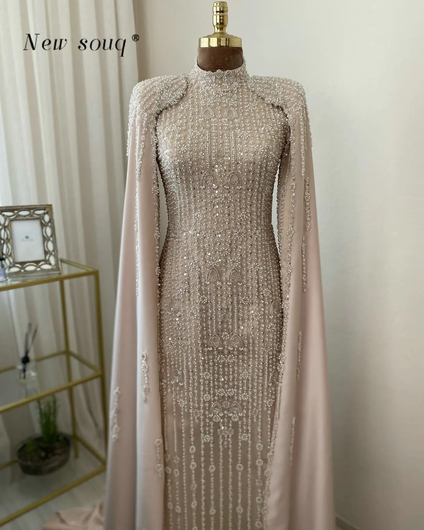 3 Colors Muslim Cape Sleeves Beaded Evening Dresses Dubai Arabic Long Straight Formal Gowns for Women Wedding Party 2024