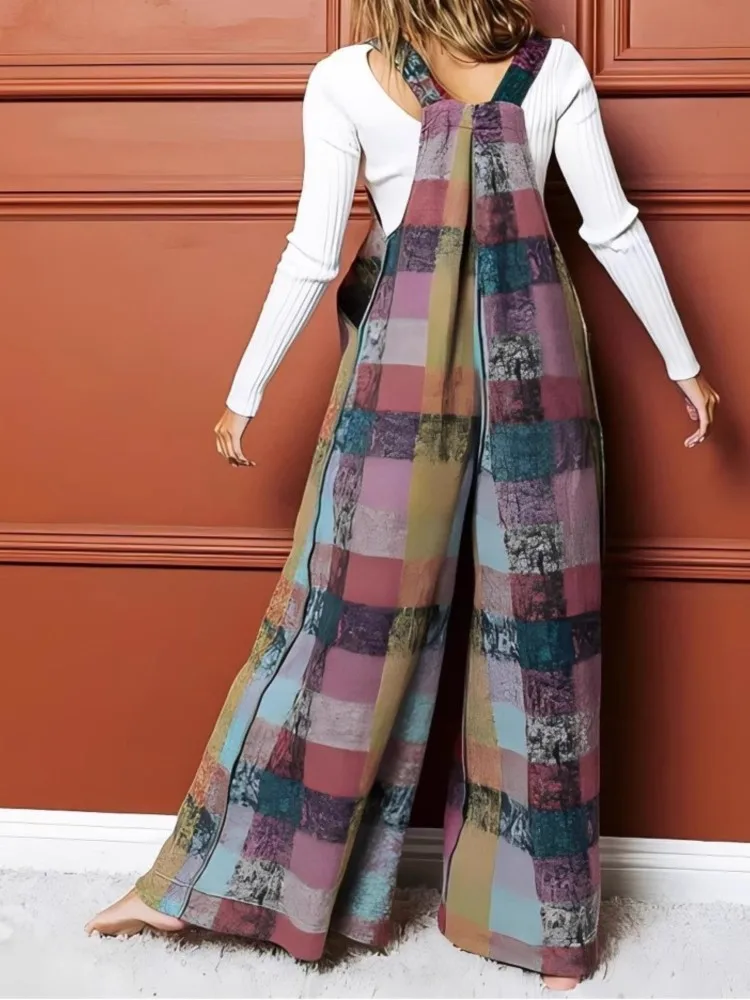 Mode Patchwork Vintage Jumpsuit Voor Vrouwen Casual Mouwloze Zakken Wijde Pijpen Broek Jumpsuits Dame Vakantie Streetwear Kleding