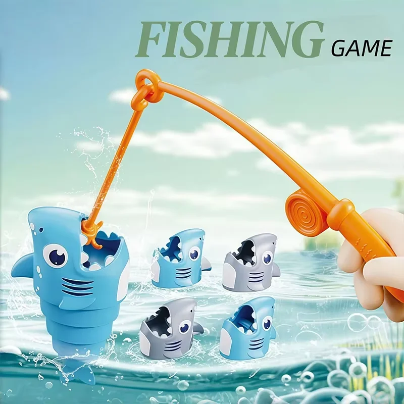 Shark Fishing Game Toy Set, Telescopic Segmented Shark Fishing Rod Interactive Tabletop Party Game for Kids Boys Girls