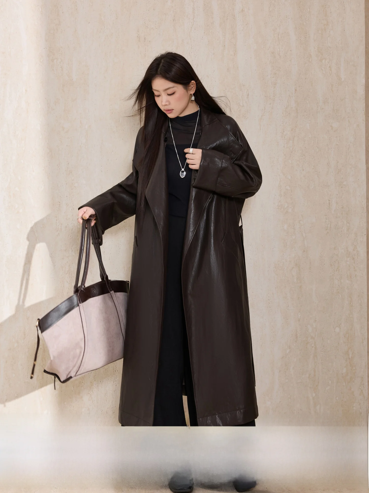 

Blue Language Large Size PU Leather Jaet Long Waist-Cinching Coat Fem Faionable Spring Autumn Stand Collar Open Cardigan