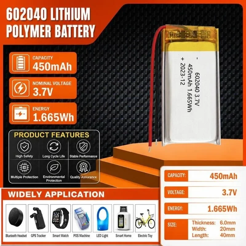 [New] 100pcs 602040 polymer lithium battery 3.7V beauty instrument sprayer massager wireless mouse 450mAh long battery life