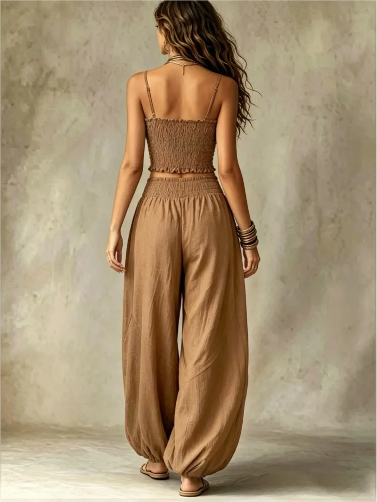 Women Solid 2 Piece Set Smocked Spaghetti Strap Crop Top Elastic Waist Side Pocket Long Pants Summer Fashion Vacation Set