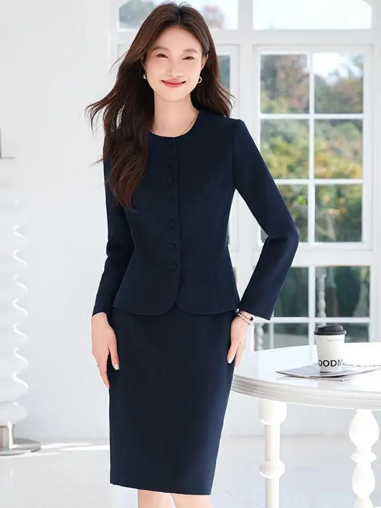 

Осень для женщин 2023 г., новый однобортный однобортный офисный женский пиджак с круглым вырезом, топы с длинными рукавами + юбки миди с высокой талией, комплекты из двух предметов