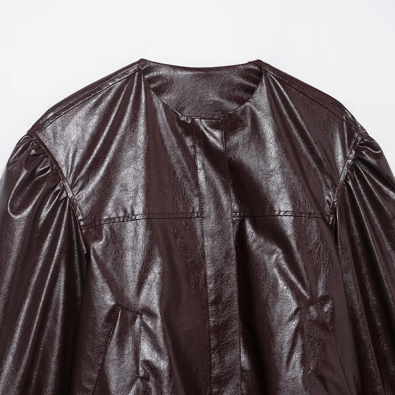 Willshela Women Fashion PU Coffee Single Breasted Jackets Vintage O-Neck Long Sleeves Female Chic Lady Outfits