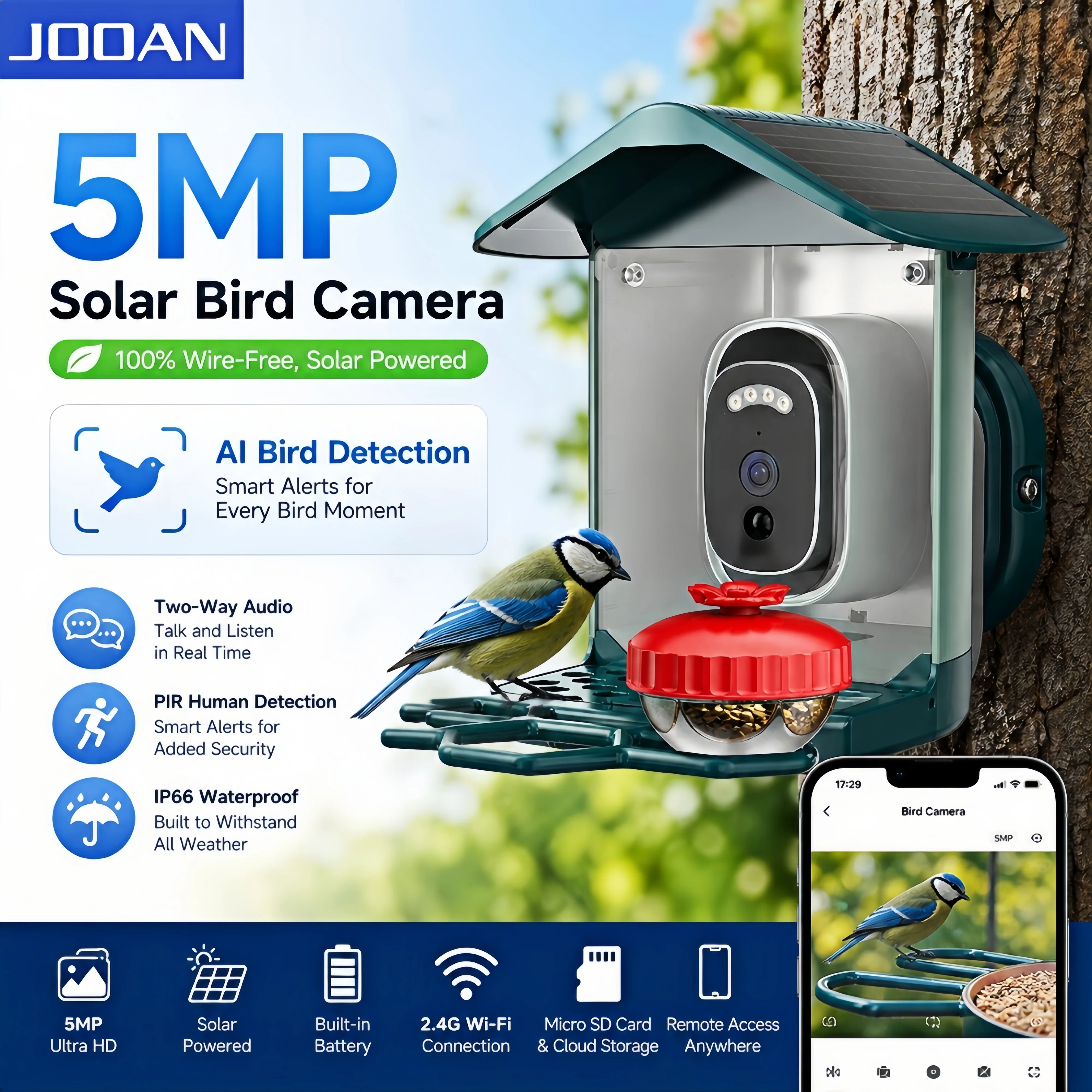 JOOAN 5MP Solar Smart Bird Feeder Camera WiFi Wireless Bird Watching Camera AI Bird Recognition Two Way Audio IP66 Waterproof