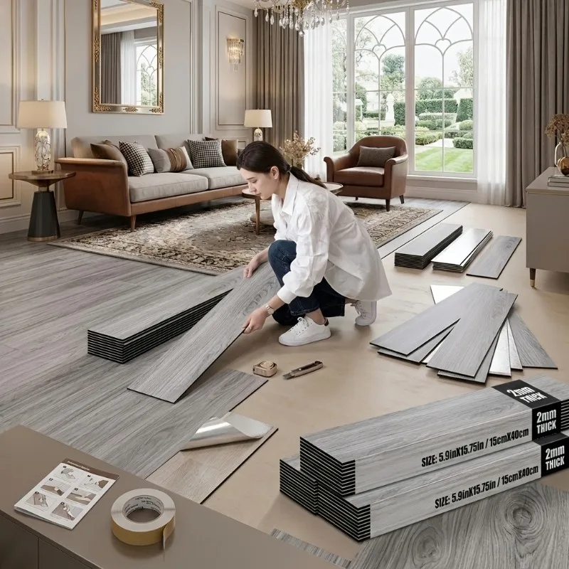 40pcs Self-Adhesive Waterproof Wood Vinyl Floor Tiles Peel-and-Stick Removable Living Room Hallway Office Hotel DIY Renovation