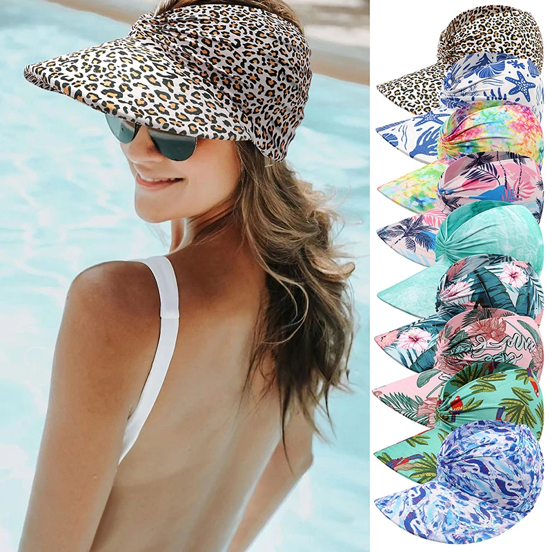 New Women's Print Sun Protect Wide Brim Sunhat Summer Outdoor Open Top Hollow Cap Adult Anti-UV Beach Hat Travel Sun Visor Hat