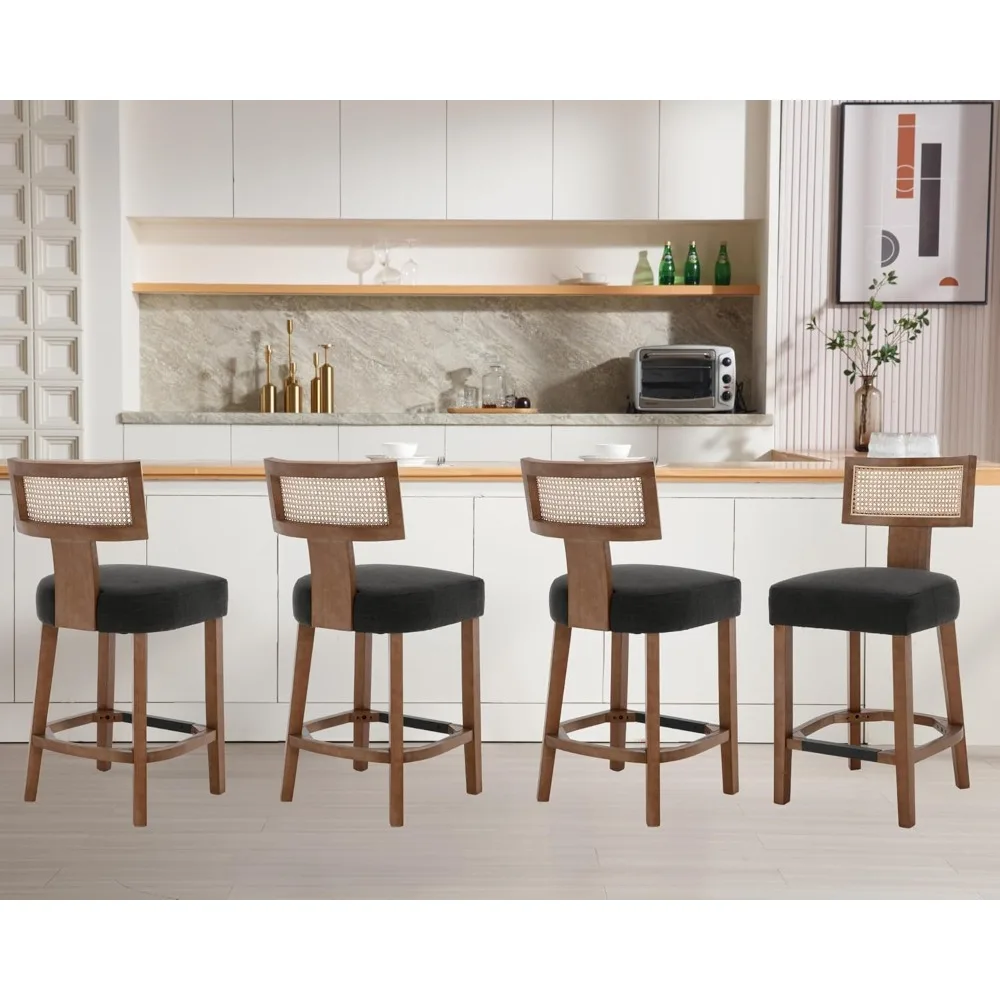 26” Rattan Bar Stools Set of 4 Counter Height Bar Stools Modern Kitchen Counter Stools with Natural Rattan Woven Back, Farmhouse