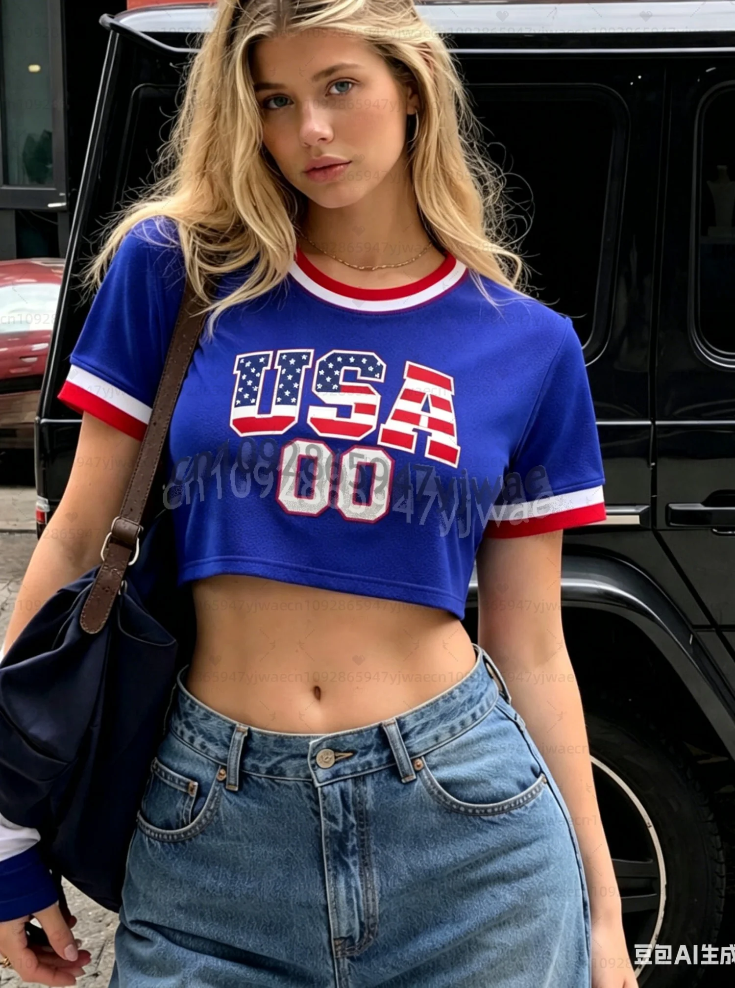 Image of USA-Flaggen-Print Cheerleader Herren- und Damen-Fußballtrikot, 3D-Muster-Flaggen-Crop-Top, Sommer-Casual-Streetwear-T-Shirt für Fußballfans