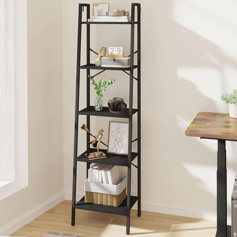 Ladder Shelf, Bookshelf Bookcase, Freestanding Corner Storage Shelve with 2 Hooks for Home Office, Living Room, Kitchen, Bedroom