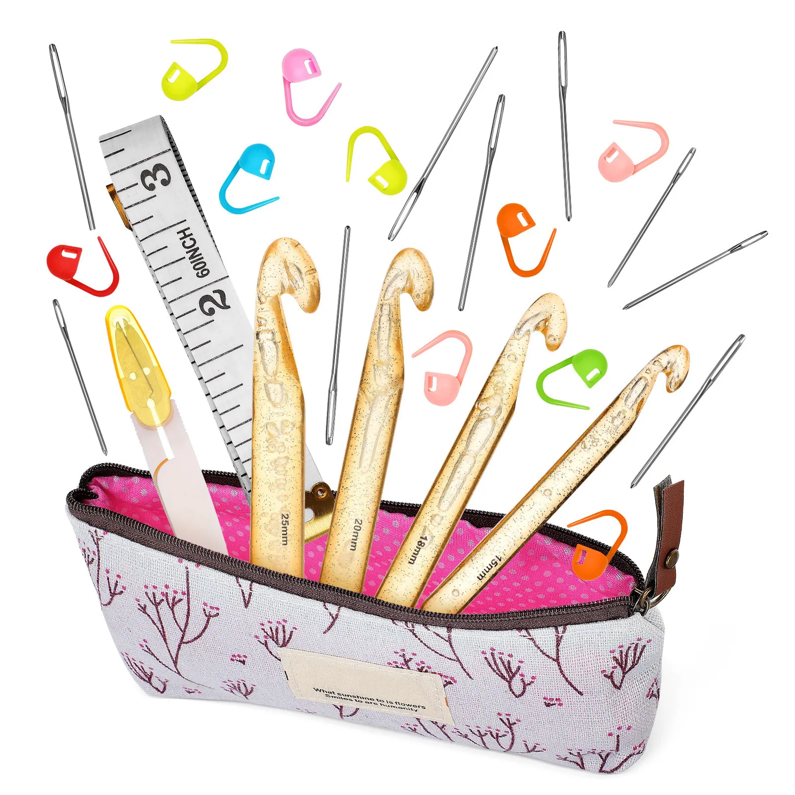 

1 Set Crochet Hook Set Smooth Polished Ergonomic Lightweight Stitch Markers Carry Bag for Beginners and Advanced