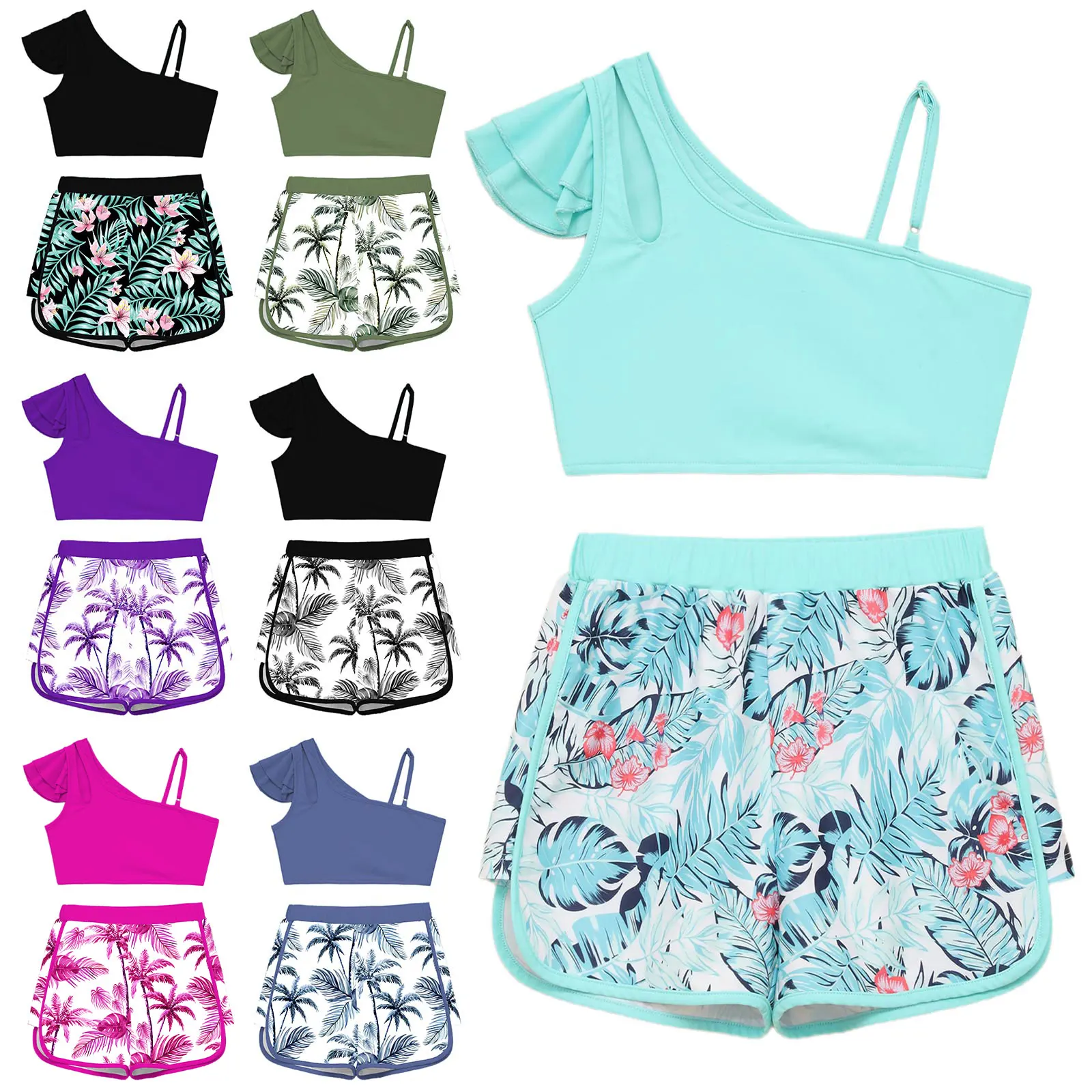 Kids Girls 2 Pieces Swimsuit Asymmetrical Shoulder Swim Tank Tops with Tropical Print Shorts Pool Beach Swimwear Bathing Suit