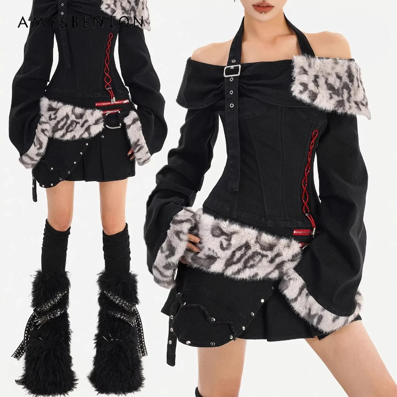 

Original Design Hot Girl Leopard Print Furry Splicing Halter Women's Top Autumn Winter New Punk Dark Slimming Skirt Set Ladies