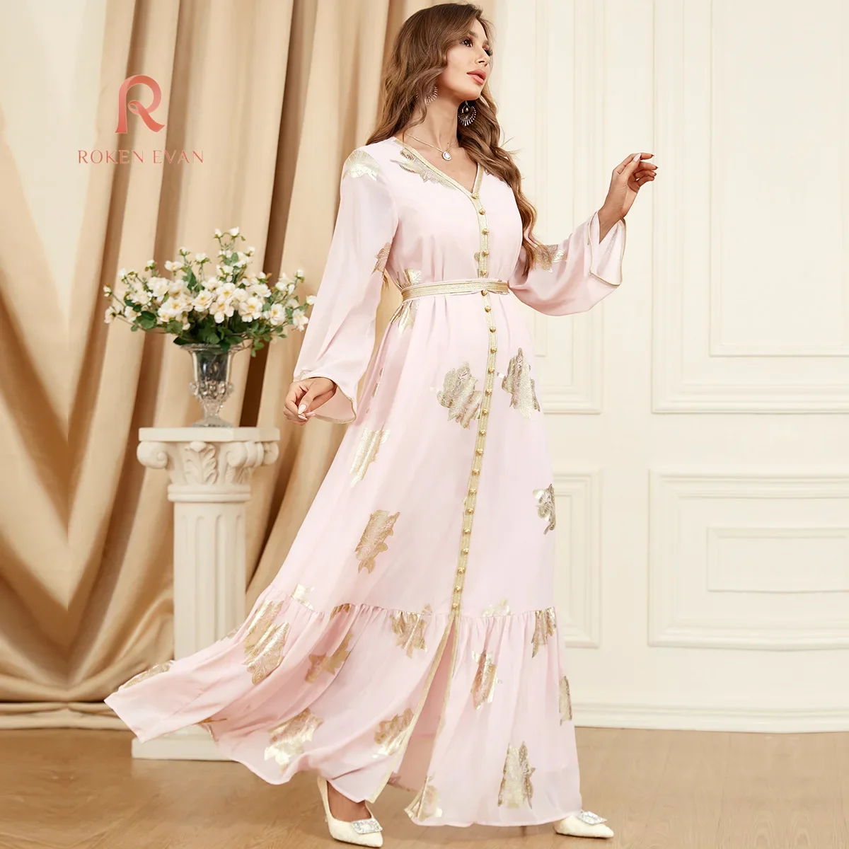 ROKEN EVAN 2024 Jalabiya kaftan dubai turkey golden ribbon trim loose muslim arabic islamic clothing party robe moroccan dress