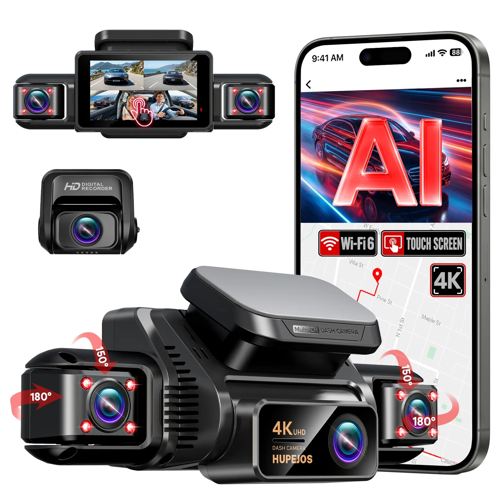 HUPEJOS V9 4CH 360° 4K Dash Cam, AI DMS Monitor, WiFi & GPS, Night Vision, Touch Screen & Voice Control, 24/7 Parking Mode