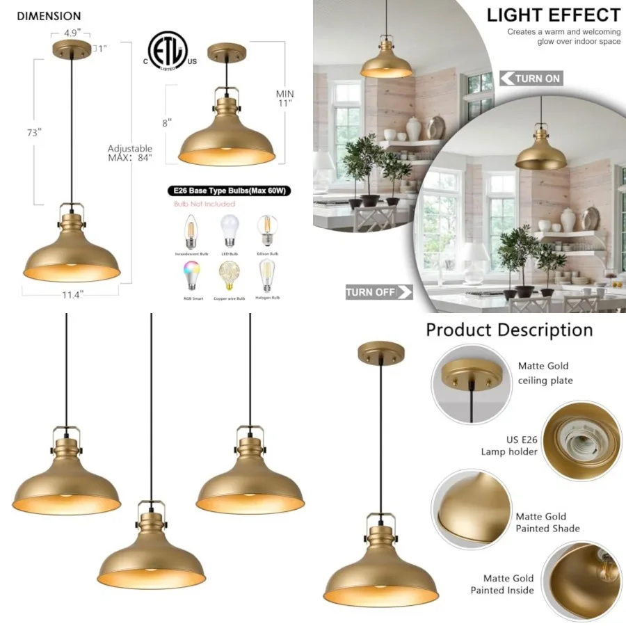 

Farmhouse Pendant Lights Matte Pendant Lighting for Kitchen Island Industrial Adjustable Height Vintage Dome Hanging Light Fixt