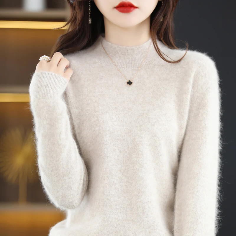 

Autumn and winter new 100% mink cashmere sweater women's semi-turtleneck pullover knit bottoming fashion solid color coat