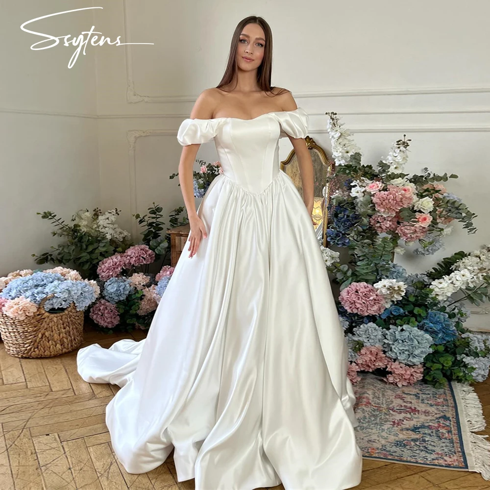 

SSYTENS A-line Satin Ivory Wedding Dress Boat Neck Vestidos De Novia Long Bride Dress Boho Robe De Mariée Bridal Gowns Birthday