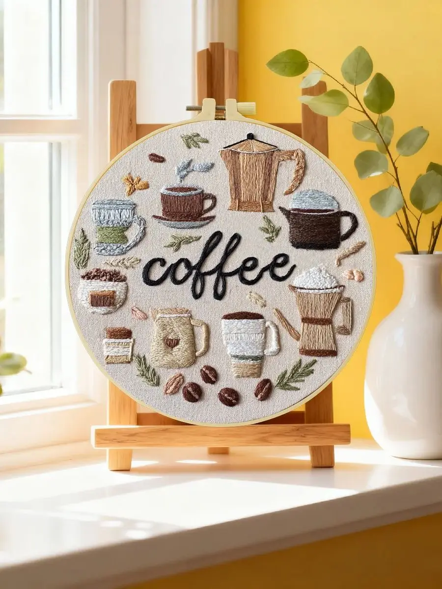 1 Stück 20X20CM/15X15CM 7,87/6,3 Zoll Kaffee-Stickerei-Starter-Kit DIY-Kit DIY-Stickerei-Set Handarbeiten Malerei Nadelkunst – Detail 6