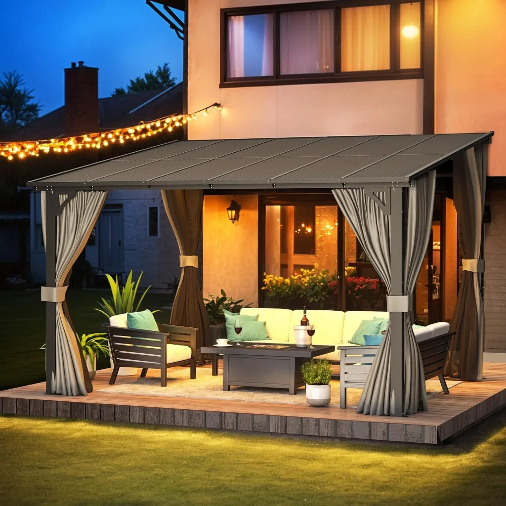 Wall Gazebo with Curtains and Mosquito Netting, Hard Top Gazebos Pergola on Clearance, Outdoor Patio Lean to Gazebo