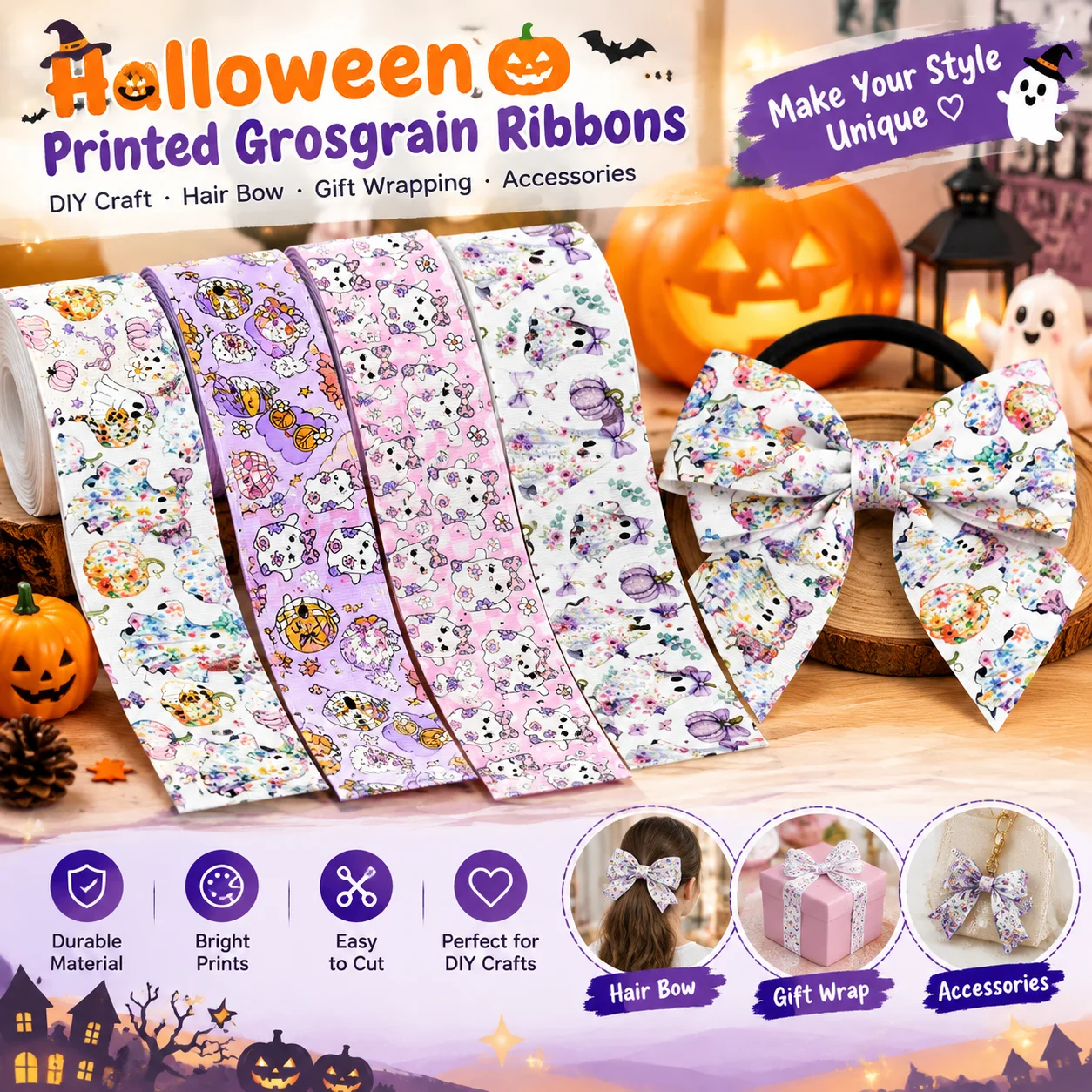 Halloween Ghost Pumpkin Grosgrain Ribbon Satin Ribbon for Cheer Bows Girl Hair Bows Party DIY Craft Supplies Gift Wrapping Memor