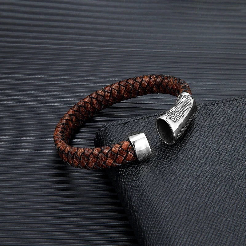 MKENDN Punk Style Men Retro Woven Genuine Leather Bracelet For Women Vintage Stainless Steel Dragon Scale Magnet Clasp