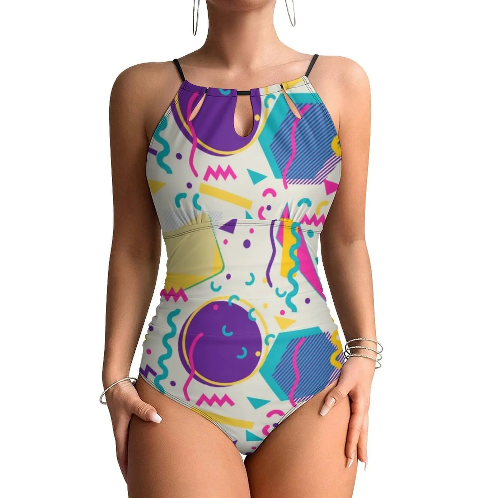

Memphis Style Swimsuit Sexy Retro 80s Light Design One Piece Swimwear Push Up Swimsuits Simple Holiday Surf Monokini