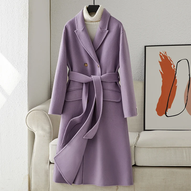 

Двустороннее кашемировое пальто средней длины, женское фиолетовое шерстяное пальто в стиле Хепберн, для осени и зимы, 2022