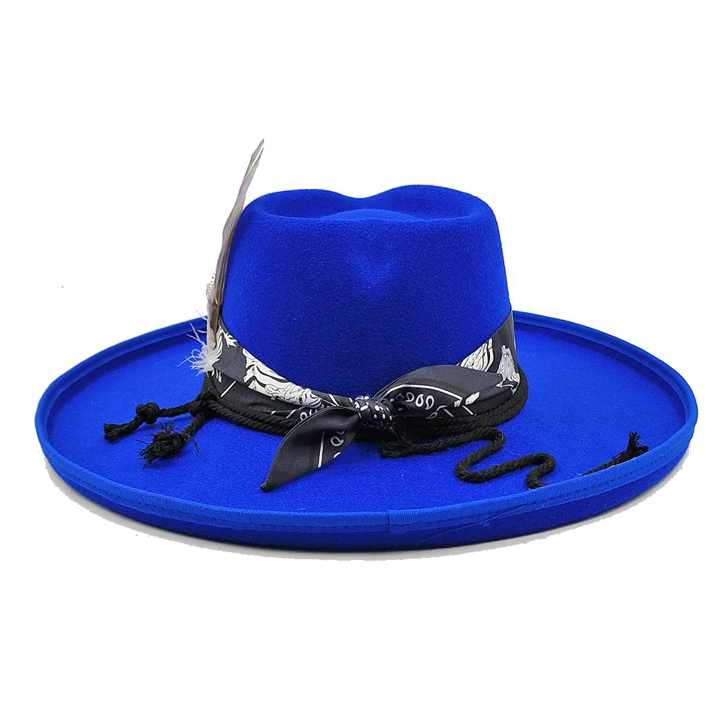 Kochaj Top z dużym rondem kapelusz Fedora na jazzowy kapelusz damski Unisex jesienno-zimowy kościół modne niebieskie kapelusz szyte ręcznie projekt