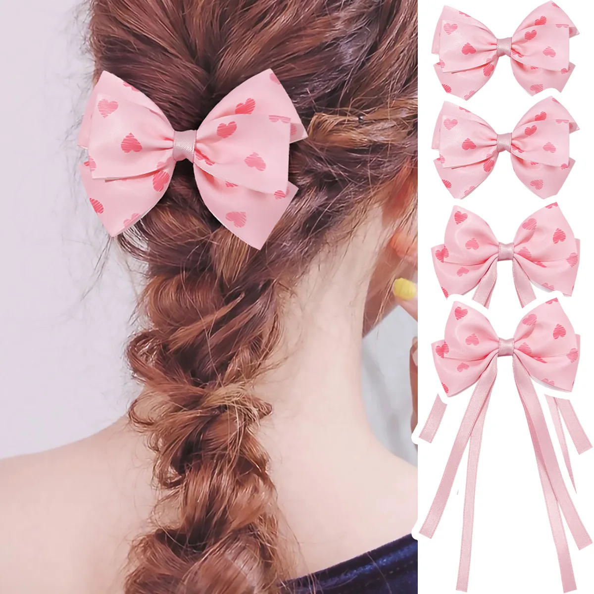 Bulk 24PCs Long Tassel Heart Print Bowknot Hair Clips for Girls Women Kids Valentine's Day Theme Hair Accessories