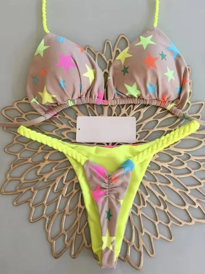 Vzvn Sexy Print Laced Up Thong Bikini 2 Piece Women Split Swimsuit Brazil Beach Bikini 2025 New All Season Backless Bikini Set