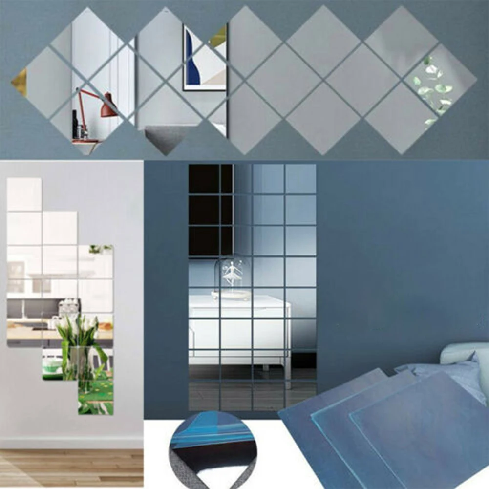 16Pcs Mirror Wall Stickers 0.1mm Thickness 15CM Square Mirror Tile Wall Stickers Decal DIY Art Stickers For Living Room Decor