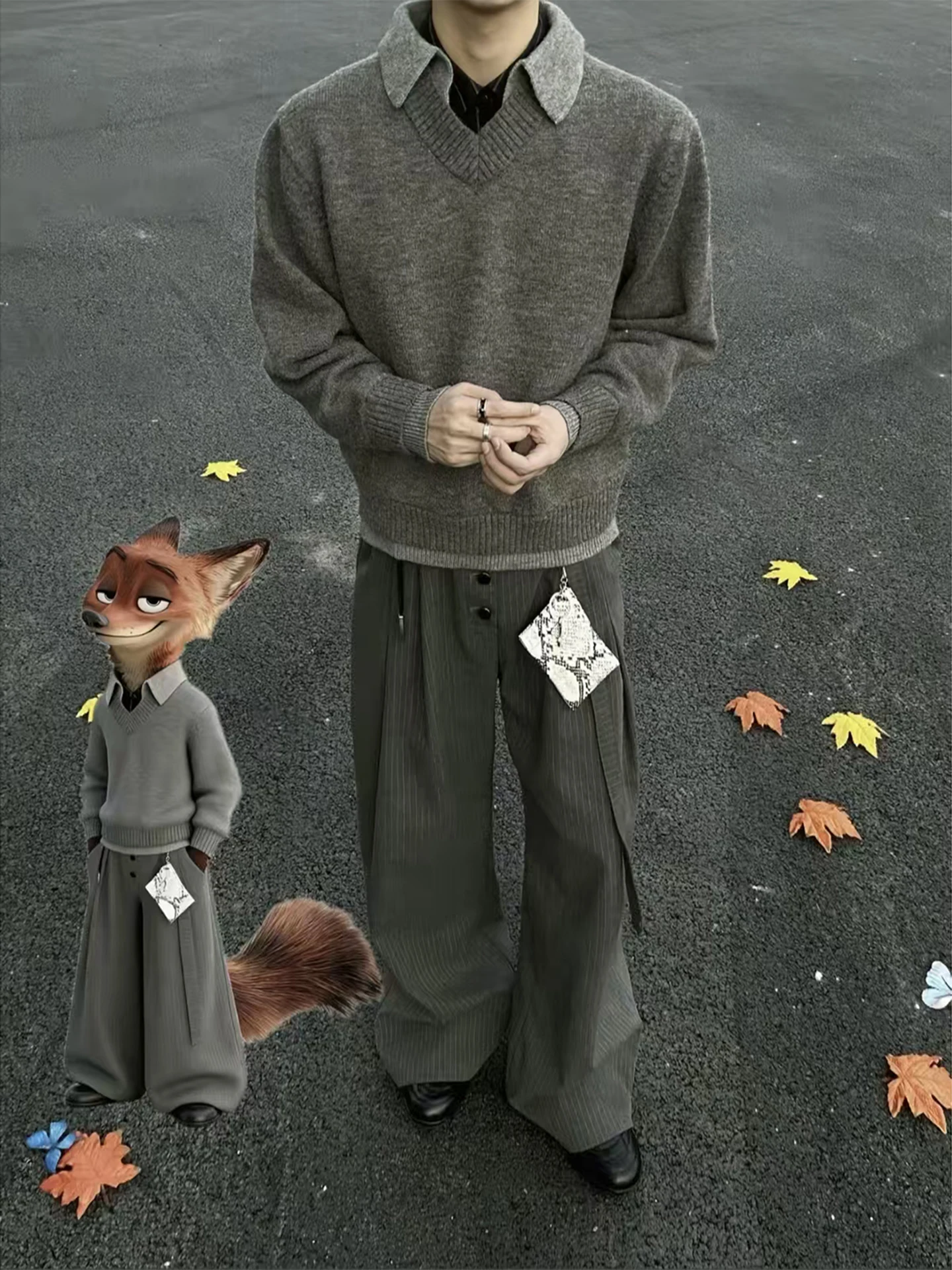 

Мужской вязаный свитер с V-образным вырезом, имитация двухслойности, винтажный стиль, повседневный, теплый, с длинными рукавами