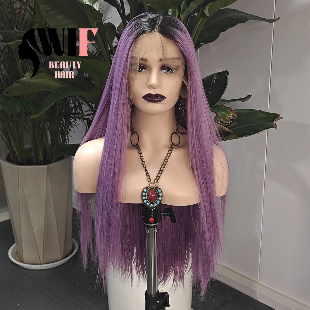 Wif Ombre Ash Peruca Sintética Roxo, Lace Part, Cabelo Liso, Raiz Preta, Lace Front Perucas, Uso Cosplay, Maquiagem, 13 × 6