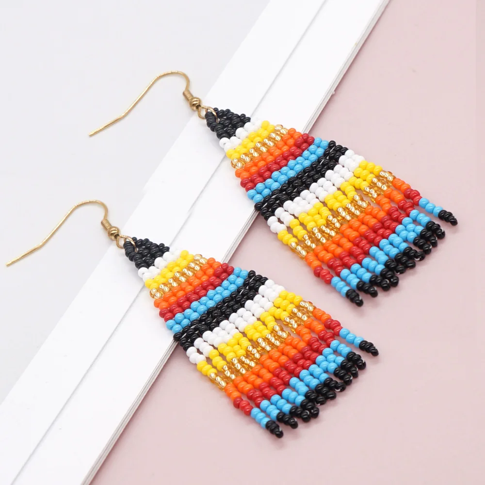 

Beaded earrings Tassel Rainbow Originality Design Hand knitting Bohemia Alloy Tide Simple Gradient color Rice bead earrings