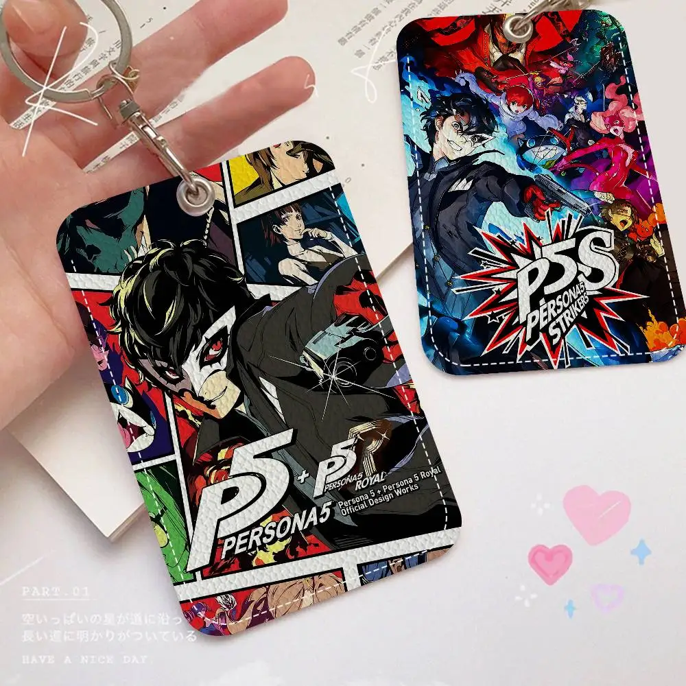 Hot Video Game Persona 5 Gaming Rectangle ID Card Case Keychain Access Card Bag Key Tag Ring Leather Card Holder Key Ring Access