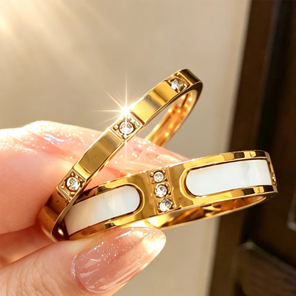 Yupsk 2pcs Exquisite Zircon Inlaid Stainless Steel Ring Women stackable Rings Simple Stylish Everyday Jewelry
