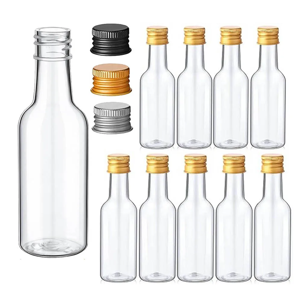 10PCS Mini Liquor Bottles 50ml Plastic Spirit Bottles Silver/ Gold/ Black Caps Alcohol Shot Bottles