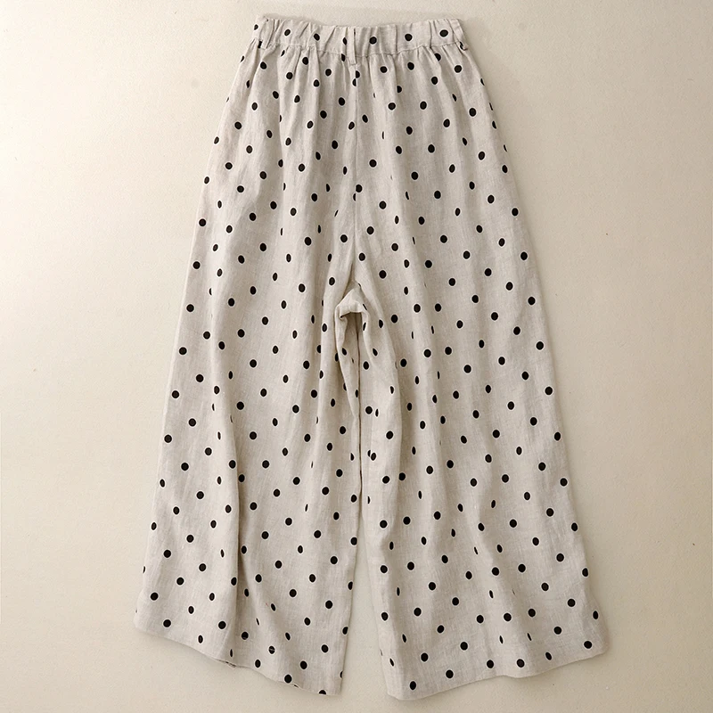 Lente Zomer Nieuwe Linnen Casual Polka Dot Print Wijde Pijpen Broek Dunne Rechte Cut Dames Casual Broek l Taille Negen Punten