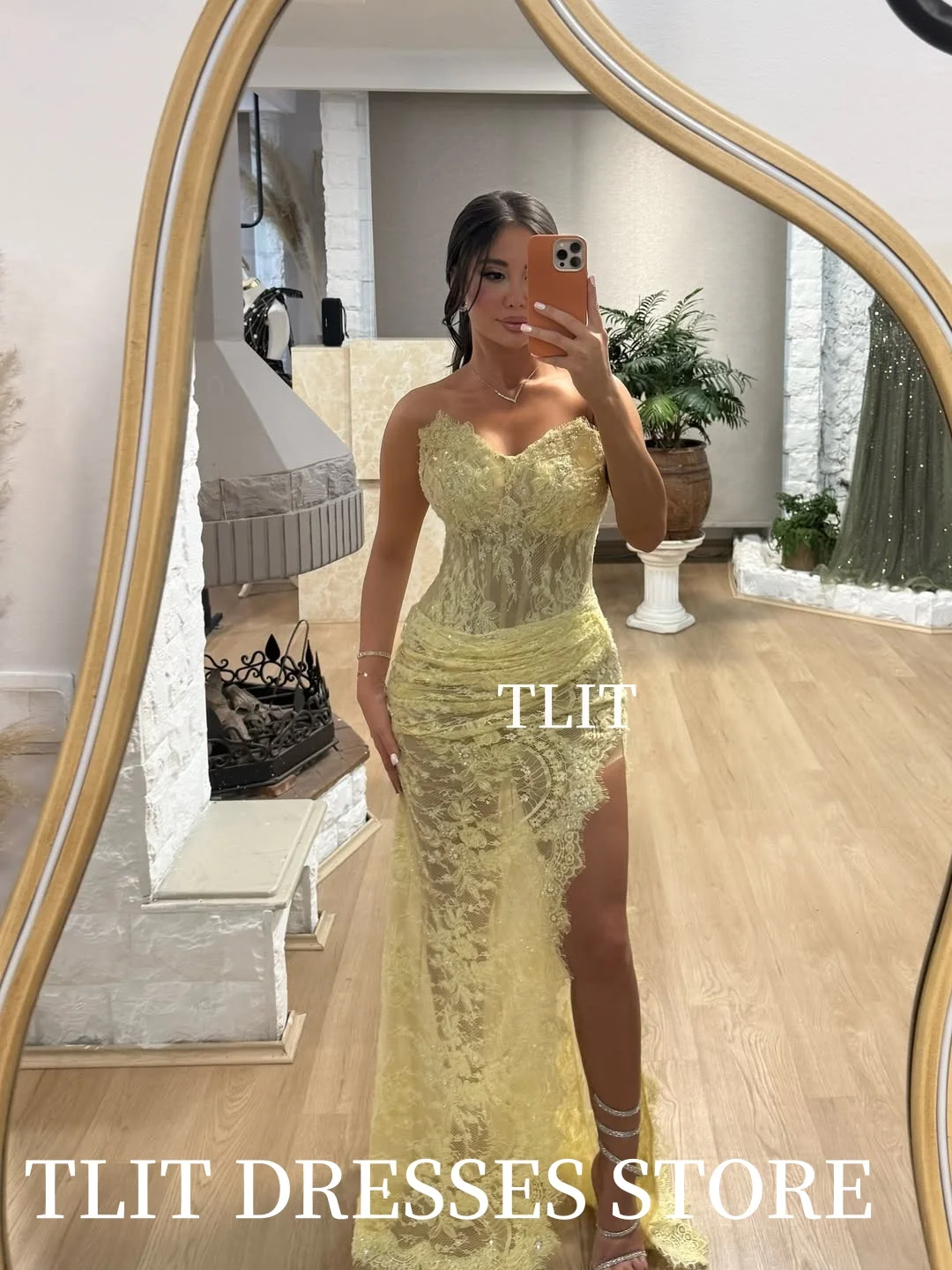 TLIT-vestidos de noche elegantes de sirena de encaje amarillo, personalizados, Sweetheart, lado alto, sin mangas, plisados, vestidos de graduación