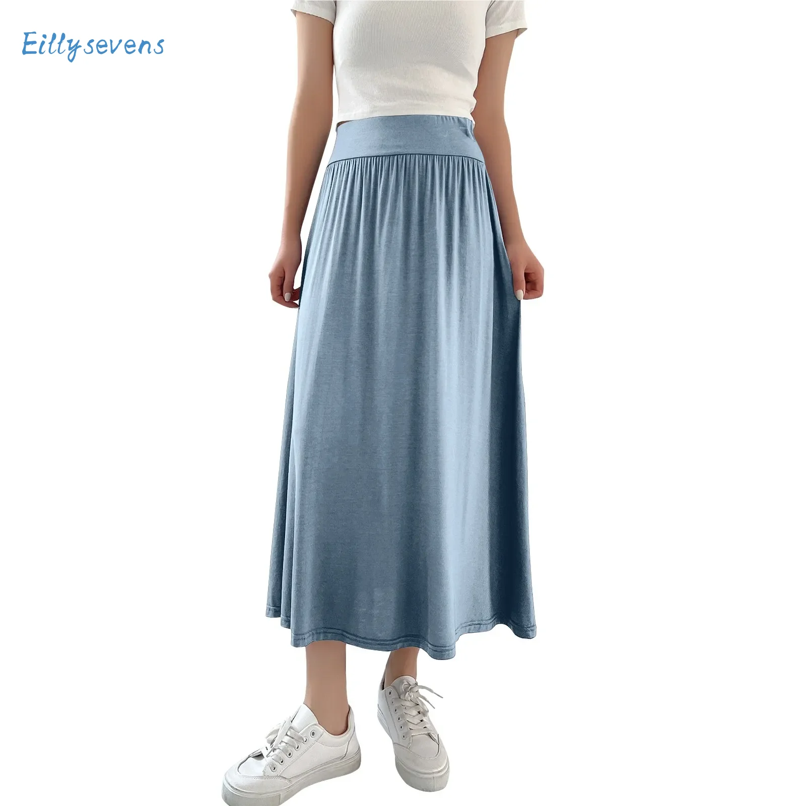 Summer New Comfy Skirts Women Widen High Waist Pleated Slimming Skirts Daily Causal Classic Simple Solid All-Match Skirts