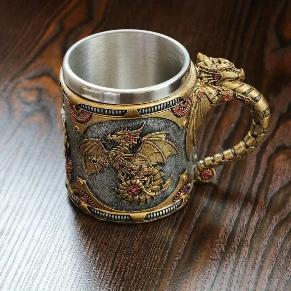 Mechanical Dragon Beer Glass Steampunk Resin Stainless Steel Mug Medieval Beer Steins Drinkware Tankard Coffee Cup Tea Tumbler