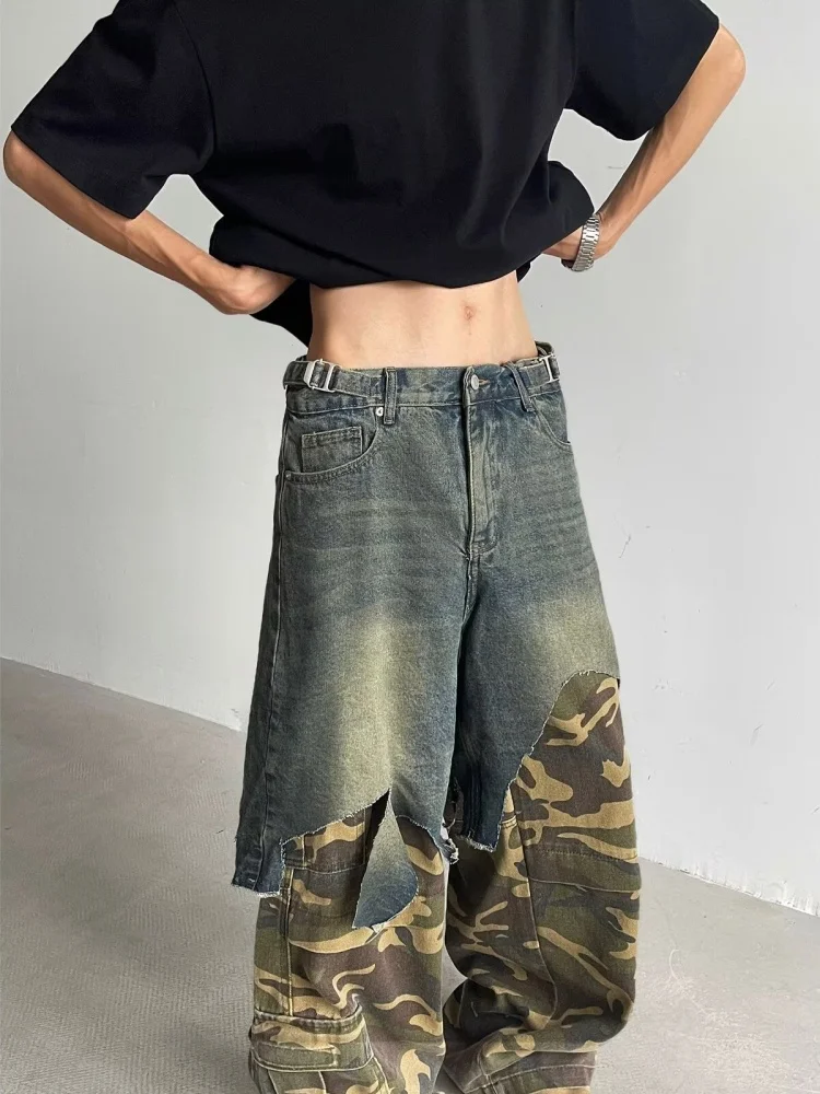 Ropa Y2K Grunge Camouflage Patchwork Baggy Gestapelde Jeans Broek Voor Mannen Kleding Nieuwe Rock Wijde Pijpen Rechte Denim Broek