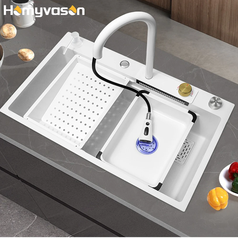 Modern Big Size Undermount Single Bowl Nano 304 Stainless Steel Multifunctional Smart White Waterfall Kitchen Sink
