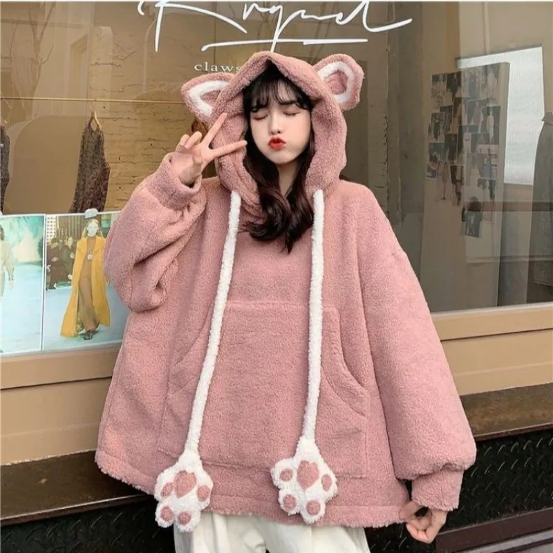 Moving Ears Cute Cat Java Kawaii Lamb Plush Hooded Loose Casual Sweater Women\'s Cotton Jacket Warm Pullover Clothing Aesthetic