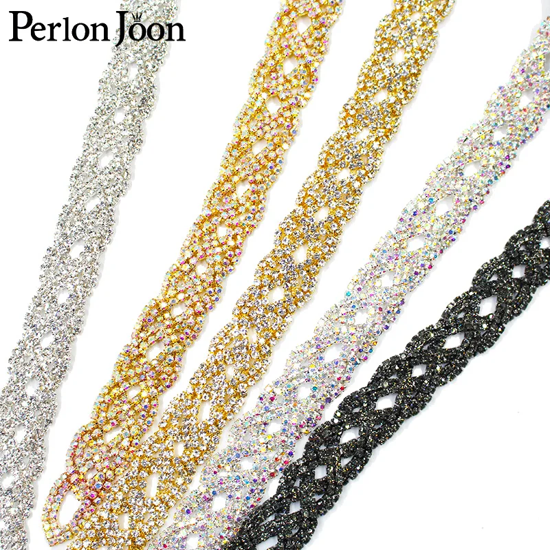 1 Yard Fashion Cross Around Tape Rhinestones Trim Crystal Metal Chain Welding Webbing for dress bag shoes Accessories ML022