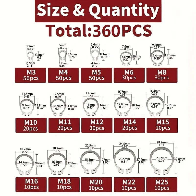 360Pcs 304 Stainless Steel Retaining Ring Shaft Washer C Type External Circlip Gasket M3 M4 M5 M6 M8 M10 M11 M12 M14 M15 M22 M25