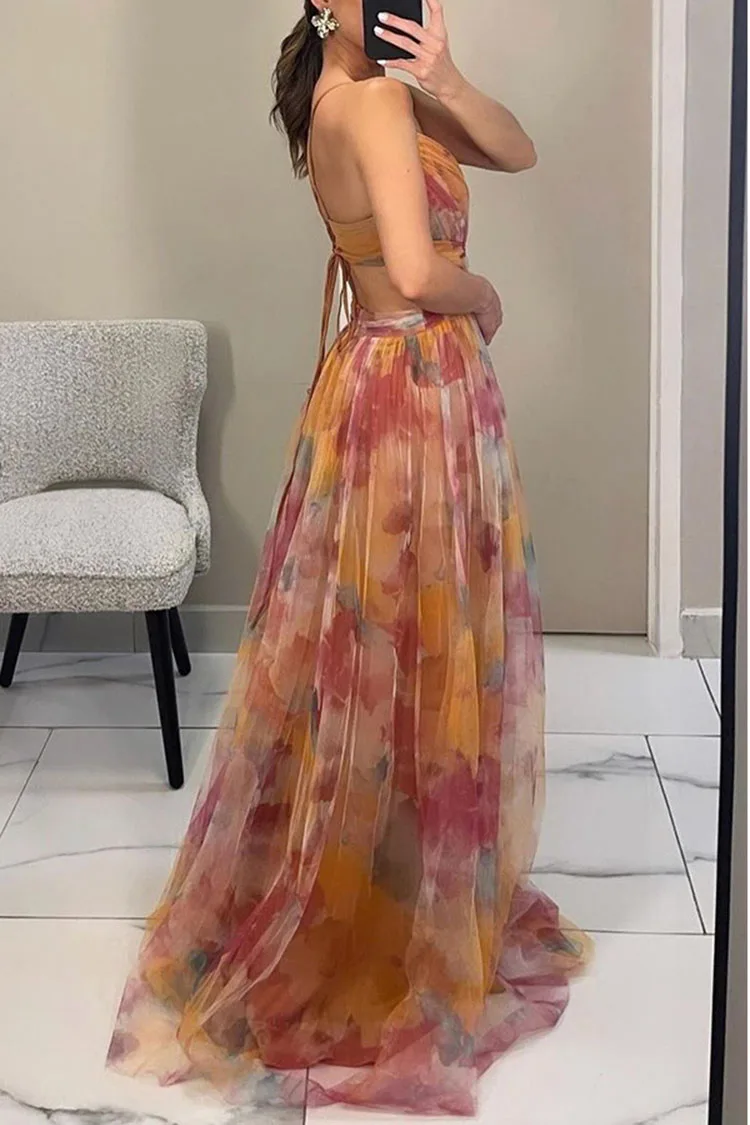 GELITAYIN 2025 فستان ماكسي شبكي بدون أكمام بدون ظهر للنساء أنيق أنيق وربطة عنق على شكل V يموت مفرغ للحفلات المسائية فساتين طويلة Holid